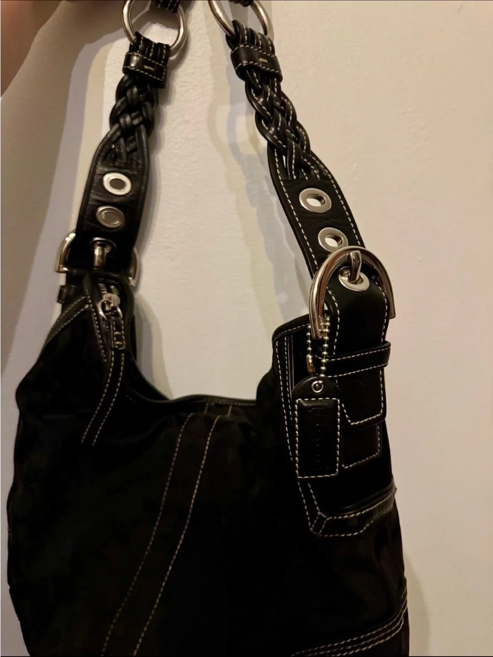 Vintage Coach Soho Signature Jacquard Hobo Bag Braided Strap Black Y2K
